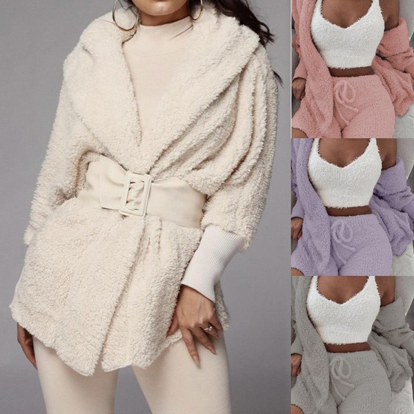 hooded open front teddy coat