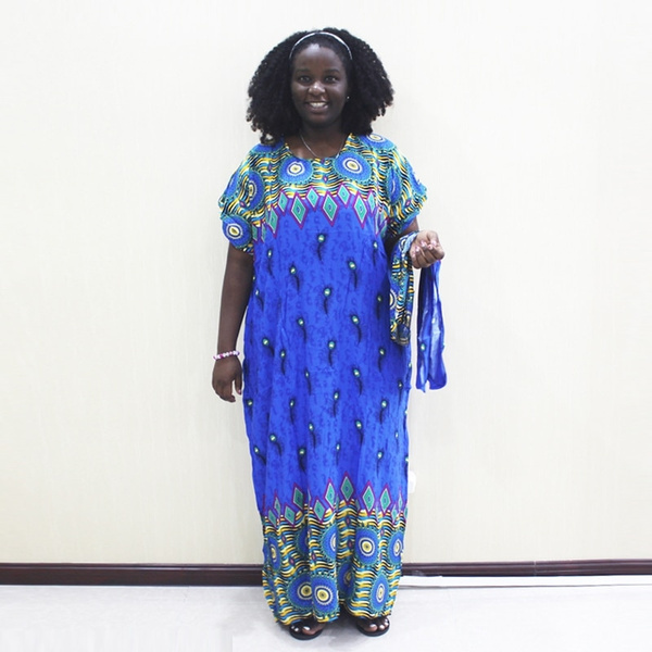 Peacock Feather Print Dress African Dashiki Plus Size Short Sleeve