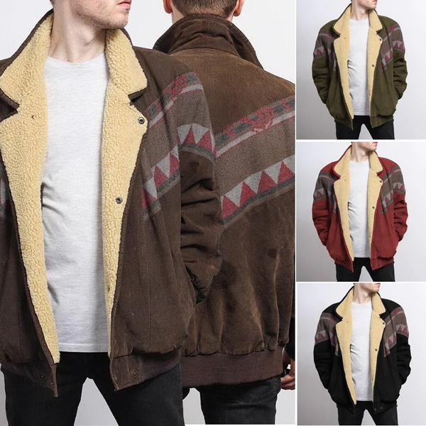 Vintage Aztec Coat for Men Traditional Pattern Fleece Suede Jacket Long Sleeve Navajo Winter Jacket Southwestern Coat Outerwear Men Coat