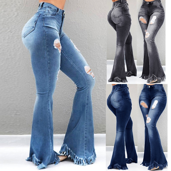 Cheap Women Fashion Denim Long Pants High Waist Bell Bottom Slim