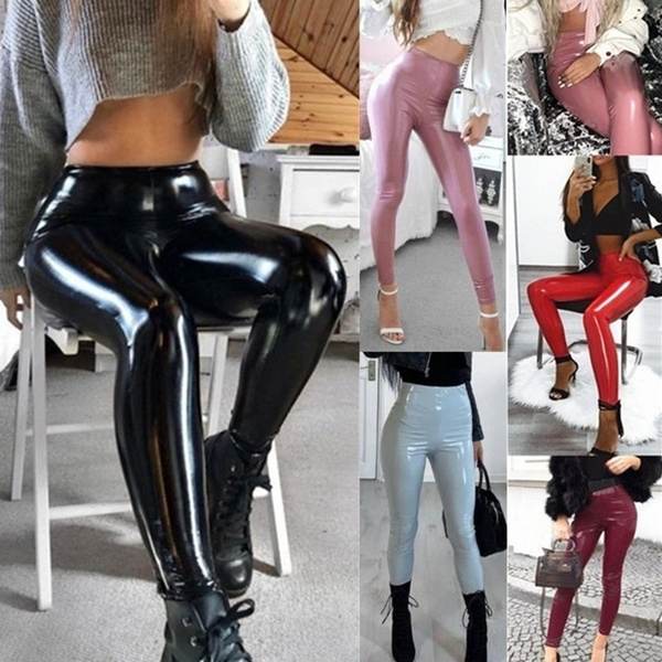 Womens Fashion Slim Black Faux Leather Leggings Stretchy Shiny