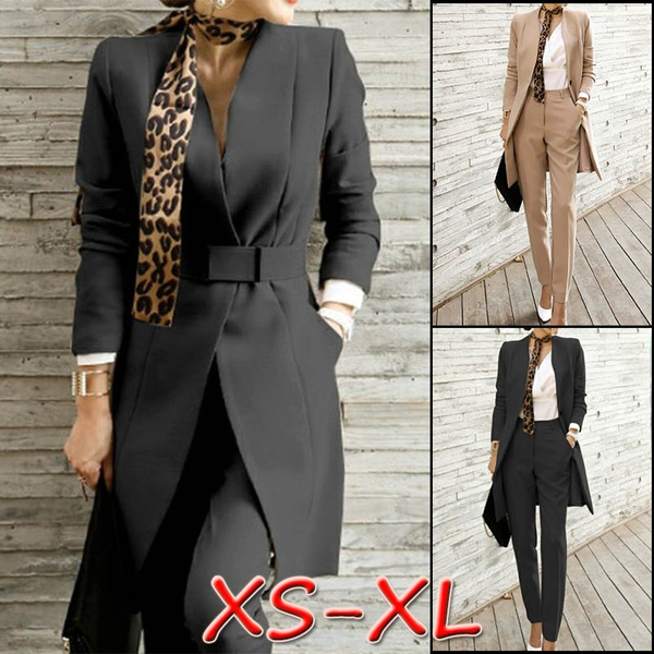 New Women 2 Piece Sets Coat+Pant+Sash Office Pant Outfit Suit Long Blazer  Coat with Sashes Lady Straight Pant Female Workwear Suits