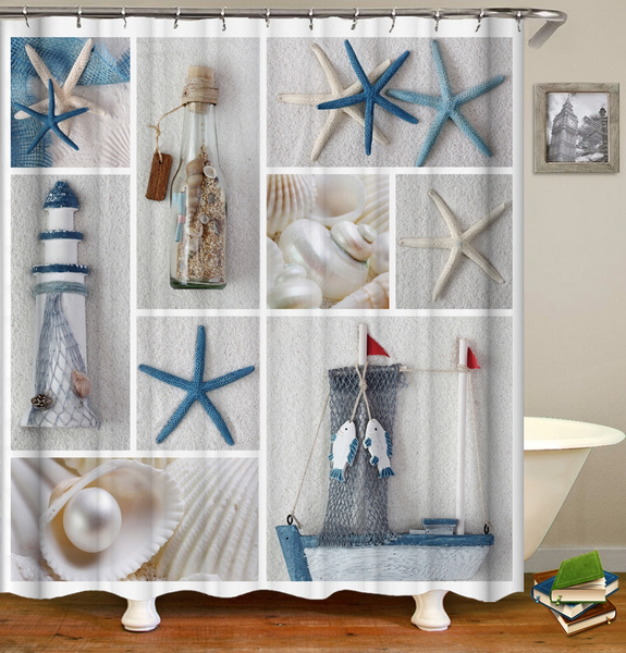 Nautical Shower Curtain Marine Sail Boat Beach Starfish Shell Sea Life  Bathroom Decor Bathroom Accessory with Hooks