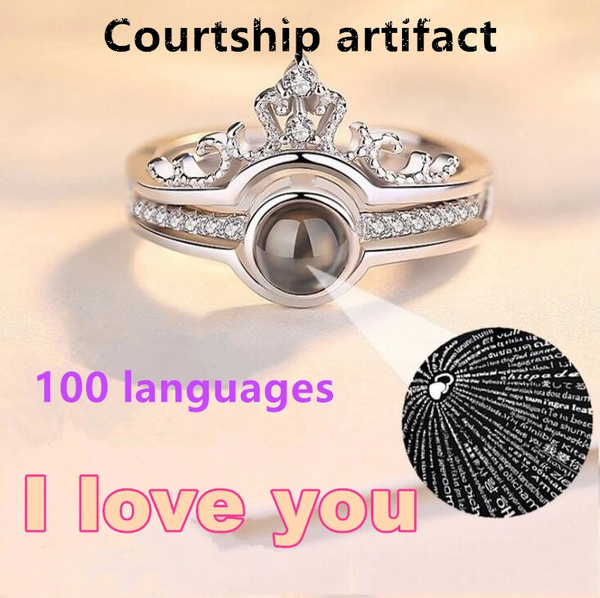 100 Languages I Love You Ring 925 Sterling Silver 14k Rose Gold Micro Engraving Projection Ring Romantic Confession Gift Couple Two In One Ring Ladies Jewelry Anniversary Promise Gift Bride Engagement Wedding Ring Wish