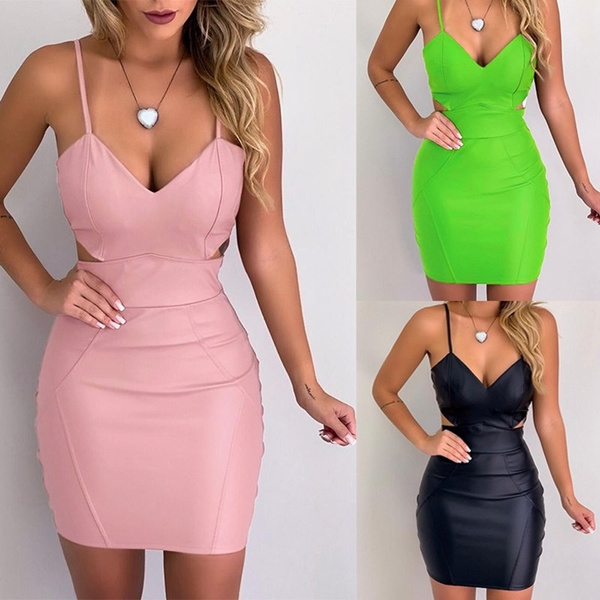 Sexy Backless Club Party Short Dress Bodycon Faux Leather Push Up Bra Solid  Mini Micro Dress Leotard