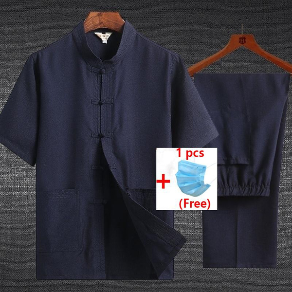 Chinese Traditional Men's Linen Kung Fu Set Tang Suit Tai Chi Uniform Daily  Clothes for Home + 1 PCS Free Fask (Shirt + Pants)