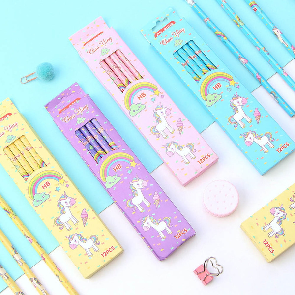 12Pcs/Set Cute Kawaii Cartoon Unicorn Pencil HB Sketch Items Drawing  Stationery Student School Office Supplies for Kids Gift