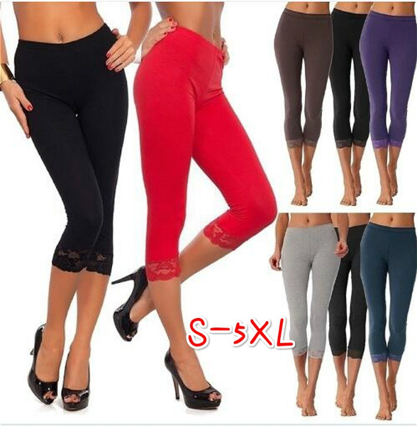 Womens Lace Trim 3/4 Leggings Plain Capri Stretchy Gym Active Yoga Cropped  Pants | eBay