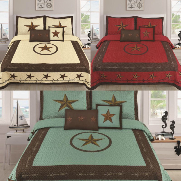 5 PIECE Texas Rustic Western Design Star Barbed Wire Quilt BedSpread New Style 