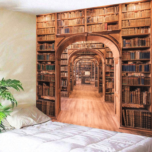 3D Library Tapestry Vintage Bookshelf Tapestry Wall Hanging Wall Home Decor