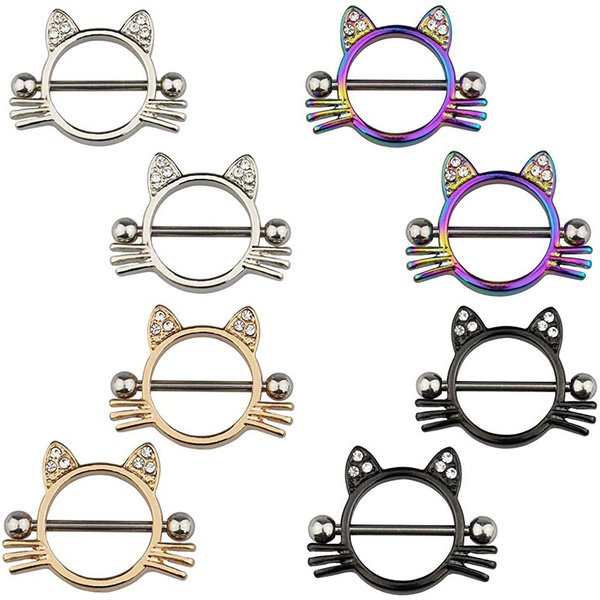 1 Pair(2Pcs) 14g Nipple Rings Cat Shape Nipple Rings Stainless Steel Nipple Barbell Cute and Sexy Body Piercing Jewelry Wish