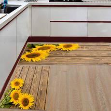 2 Piece Non-Slip Kitchen Rug Floor Mat Kitchen Carpet Bathroom Area Rugs Doormat Runner Rug Set, Sunshine Sunflower Lay in Wooden Plank