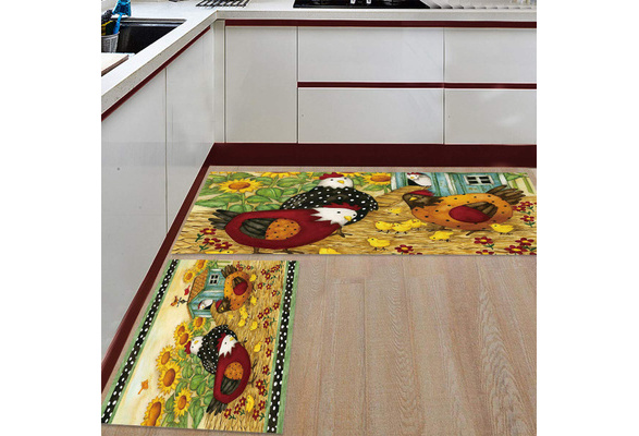 2 Piece Non Slip Kitchen Rug Floor Mat Kitchen Carpet Bathroom Area Rugs Doormat Runner Rug Set Nature Farm Life Rooster Hen Sunflower Wish