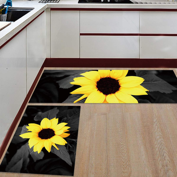 2 Piece Non Slip Kitchen Rug Floor Mat Kitchen Carpet Bathroom Area Rugs Doormat Runner Rug Set Close Up Sunflower Monochrome Print Wish