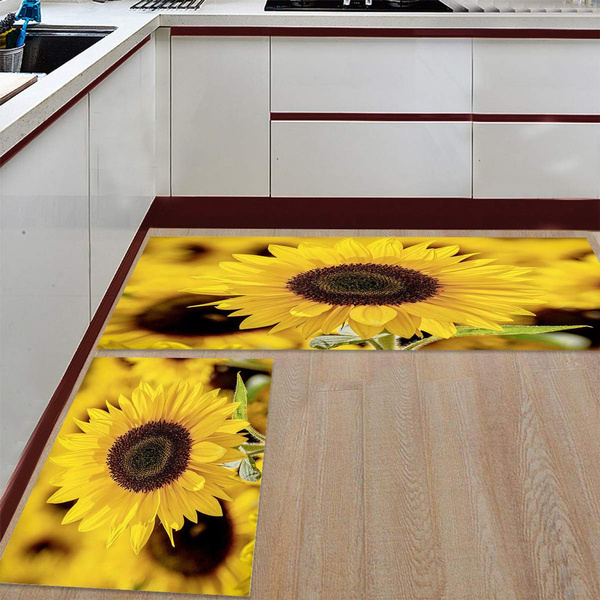 2 Piece Non Slip Kitchen Rug Floor Mat, Sunflower Kitchen Rug