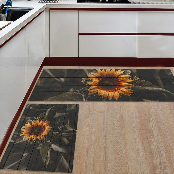 2 Piece Non Slip Kitchen Rug Floor Mat, Sunflower Kitchen Rug