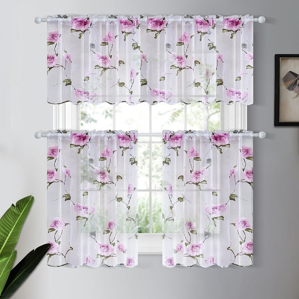 Pink Sheer Flower Short Curtains Panel Tulle Kitchen Window Treatment Door Blinds 1 Pcs Wish Pink Sheer Flower Short Curtains Panel, Pink Kitchen Curtains