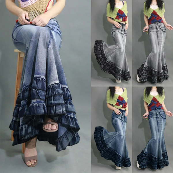 denim ruffle waist skirt