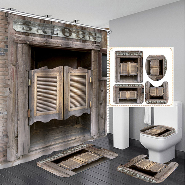Wood Grain Shower Curtain Door Bath Mat Toilet Cover Rugs Bathroom Set 1/3/4Pcs 