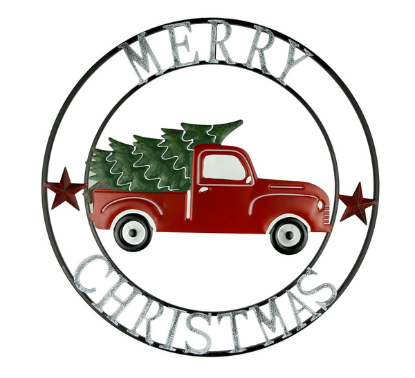Metal Art Merry Christmas Vintage Truck and Tree Round Wall Hanging 22