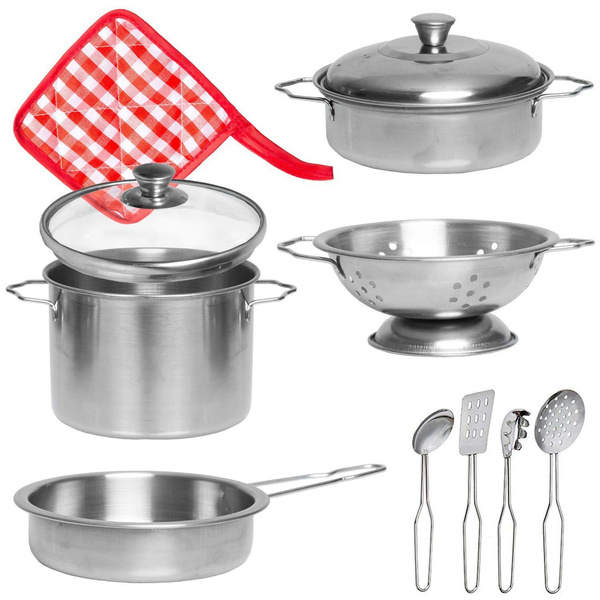 Metal Pots and Pans Kitchen Cookware Playset for Kids with Cooking Utensils Set 