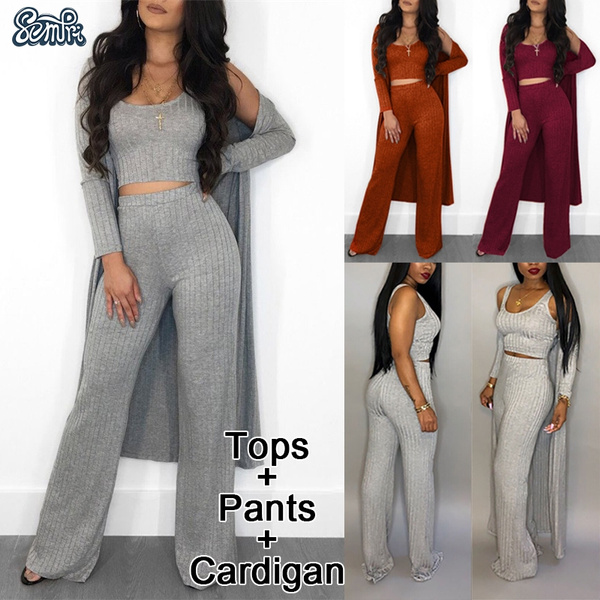 Womens Chiffon 3 Piece Pant Suits Tank Top Cardigan and Straight Pants  Outfits