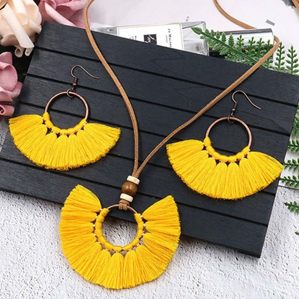 3Pcs Bohemian Colorful Tassel Necklace Earring Set - RS Fashion AU