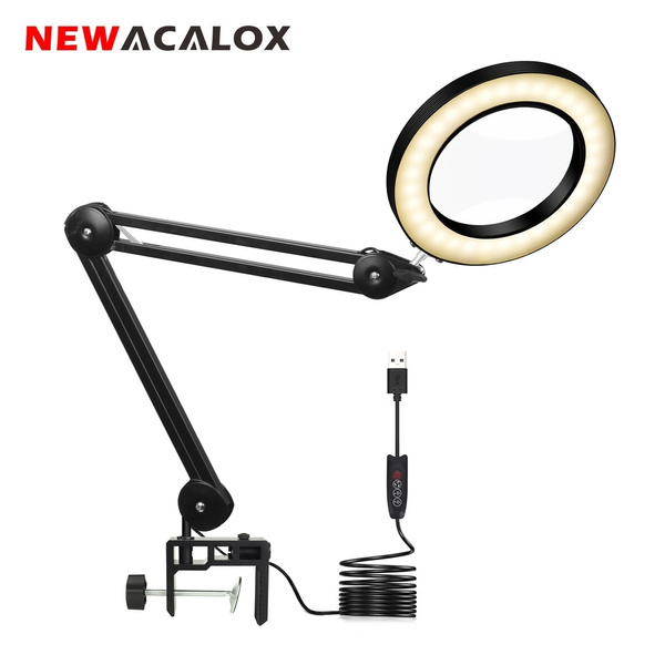 NEWACALOX USB 5X Folding Magnifying Glass LED Lighting Table Lamp Jewelry  Magnifier Soldering Third Hand Illuminated Glass Loup