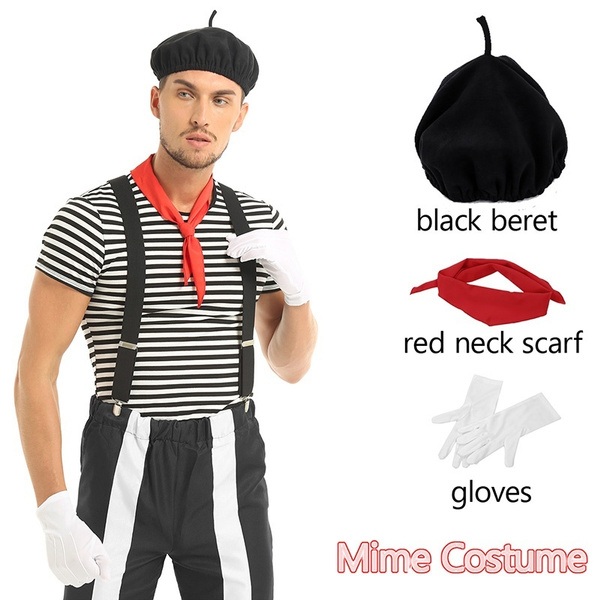 5Pcs Men Adults French Mime Artist Fancy Dress Costume Halloween