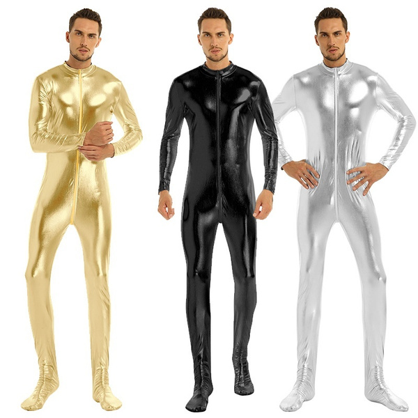 Men's Shiny Metallic Long Sleeves Zipper Full Body Leotard Bodysuit