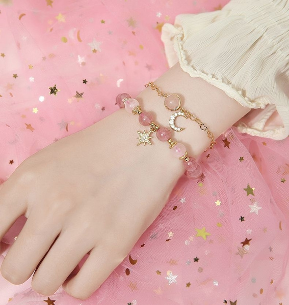 Ring Chain Bracelet Rose Gold Pearl Hand Chain Pink Pearl 