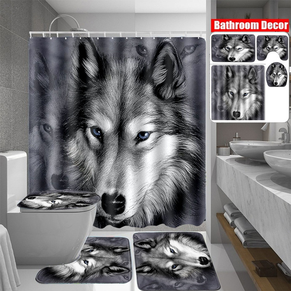 Grey Wolf Style Bathroom Waterproof Shower Curtain 3piece Toilet Mats Door Mat Full Set Novel Home Decoration Wish Grey Wolf Style Bathroom Waterproof, Wolf Shower Curtain