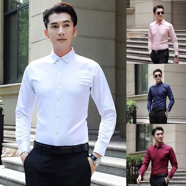 Men Shirt Long Sleeve Solid Formal 