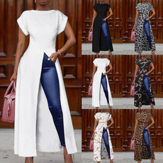 Women's Fashion Pure Short Sleeve Open Fork Blouse Irregular Swallowtail High-low Maxi Dress