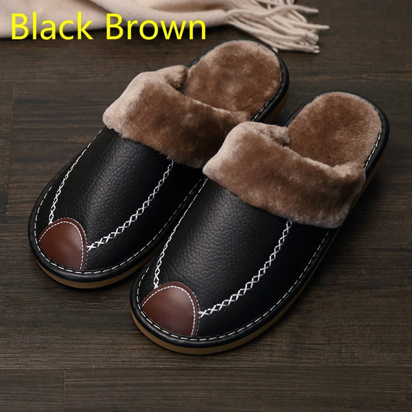 Leather Men New Winter PU Leather Slippers Warm Indoor Slipper