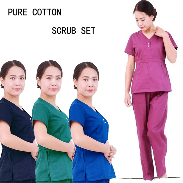 Women's Pure Cotton Elastic Waist Scrubs Tops + Scrub Pants Deep V Neck  with Two Buttons Fashion Doctor Nursing Medical Uniforms