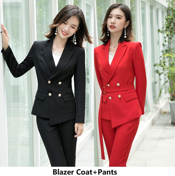 Autumn Winter Women Work Business Wear Pant Suit Red Blue Black Long Blazer  Set Female Office Ladies Jacket and Trouser 2 Pieces - AliExpress