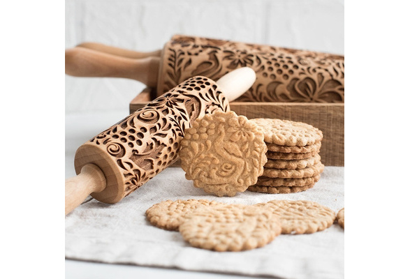New Style Embossing Rolling Pin Baking Cookies Noodle Biscuit Fondant Cake  Dough Engraved Roller Flower Snowflake Embossed Rolling Pin 