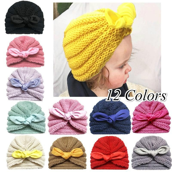 Baby Girls Knitted Wool Turban Rabbit Ears Bowknot Hats Toddler Kids Headwraps 