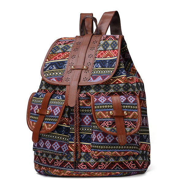 Women Printed Canvas Backpack Shoulder School Satchel Drawstring Travel Bookbag 