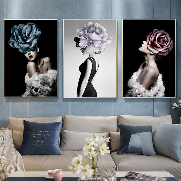 Nordic Rose Flower Canvas Wall Art Print Black White Woman Painting Room Decor 