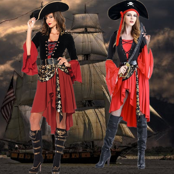 3 Pieces Female Skull Pirate Dress Classic viking Pirates Costumes for Woman Cosplay Halloween Pirate Costume