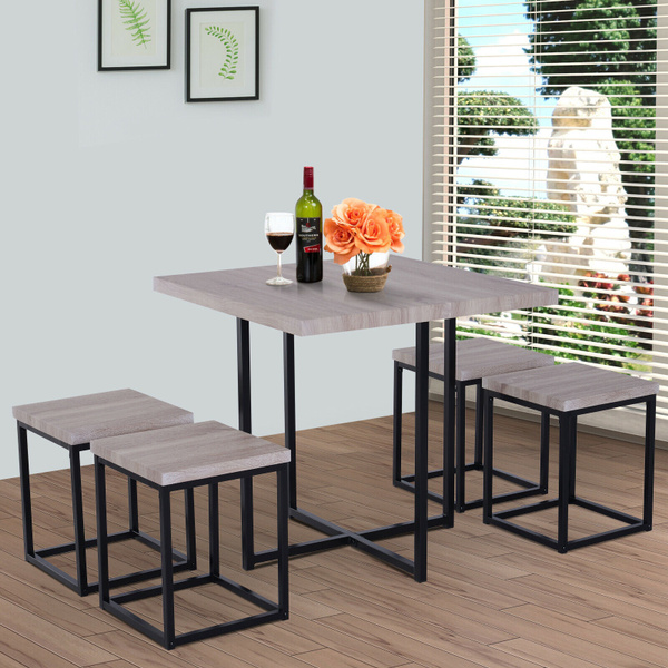 Compact 5pc Kitchen Dining Set Wood Bar Table Chair Home Space Saving  Furniture