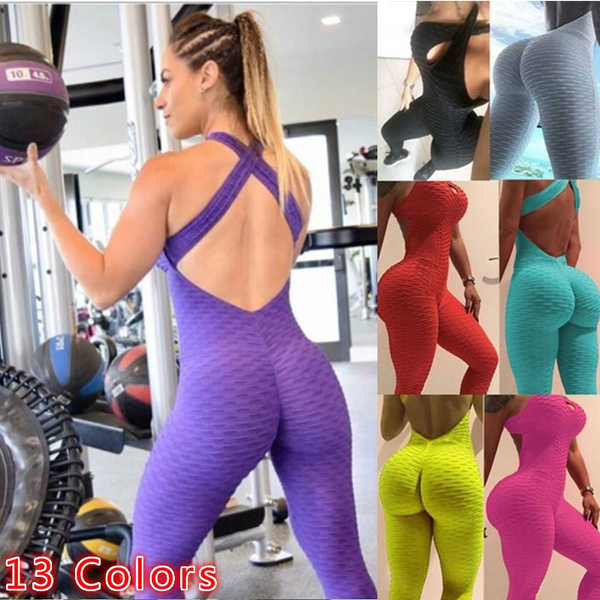 Silm Sexy Backless Summer Solid Bodysuits Hollow Out Short Leggings 3D  Print Crop Tank Women Outfits Yoga Fitness Body Sportwear