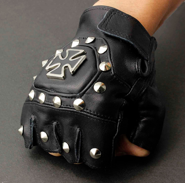 Skull Studded Punk Rock Biker Driving Women's Leather Fingerless Gloves