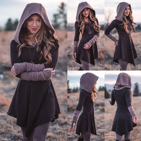 Women Classic Medieval Costume Dress Long Sleeved Hoodie Pullover