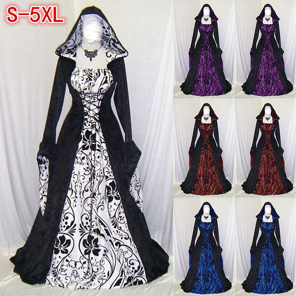 Womens Fashion Long Sleeve Hooded Medieval Dress Floor Length Cosplay Dress ZEFOTIM Womens Medieval Dress 