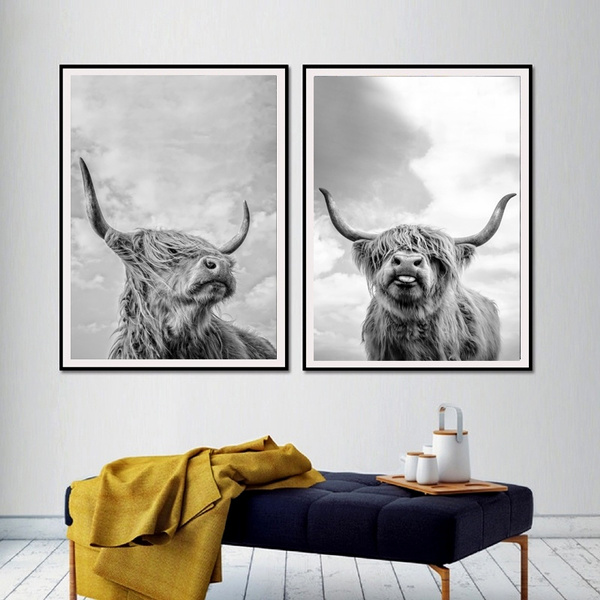 2pcs Highland Cattle Canvas Painting Black and White Animal Cow ...