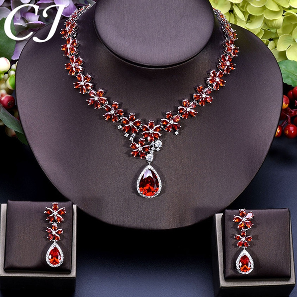 Women 18K Gold Plated Crystal Flower Pendant Necklace Wedding Party Jewelry Set
