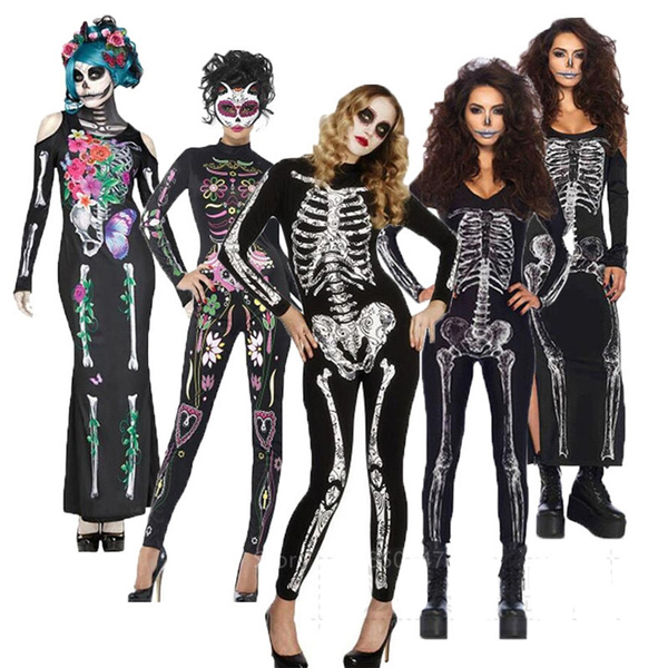 Skeleton Costume Women Halloween Dress Disguise Witch Day of The Dead ...